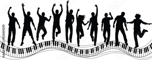 Silhouettes of energetic people dancing and jumping above a flowing piano keyboard wave, celebrating music, rhythm, expression, creativity, movement, joy, and artistic freedom.