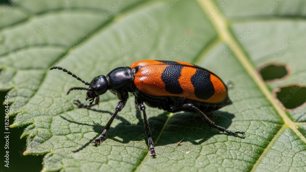 Fototapeta premium A black and orange beetle on a green leaf with a white background.