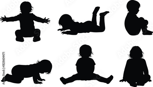Silhouettes of young children sitting, crawling, and playing in various poses, representing childhood development, early movement stages, infant activity, growth, and learning.