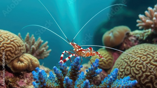 Fototapeta Naklejka Na Ścianę i Meble -  A colorful shrimp with long antennae on a coral reef with blue and green corals.