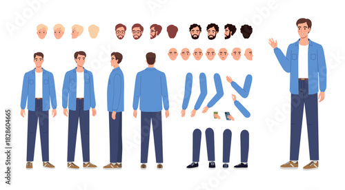 Young man constructor. Vector set elements for creating a modern male character	