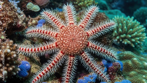 Fototapeta Naklejka Na Ścianę i Meble -  A colorful starfish with red and white stripes on a coral reef.