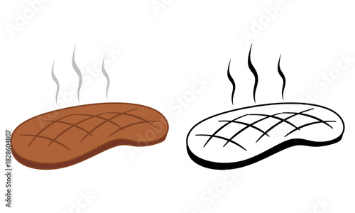 Steak, Grilled Meat, and Barbecue. The design has two colored styles and borders. Vector Illustration 