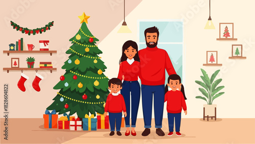 A flat vector illustration of a happy family of four celebrating Christmas in a bright and cozy living room. They are wearing matching sweaters and red jeans, smiling warmly. It depicts a happy atmosp