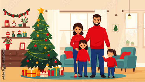 A flat vector illustration of a happy family of four celebrating Christmas in a bright and cozy living room. They are wearing matching sweaters and red jeans, smiling warmly. It depicts a happy atmosp