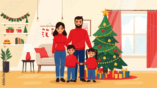 A flat vector illustration of a happy family of four celebrating Christmas in a bright and cozy living room. They are wearing matching sweaters and red jeans, smiling warmly. It depicts a happy atmosp