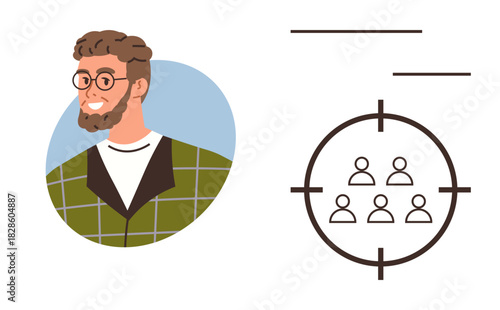 Young man with glasses, beard, casual plaid shirt next to audience focus icon targeting group of people. Ideal for customer analytics, marketing, business strategy, targeting, personas, consulting