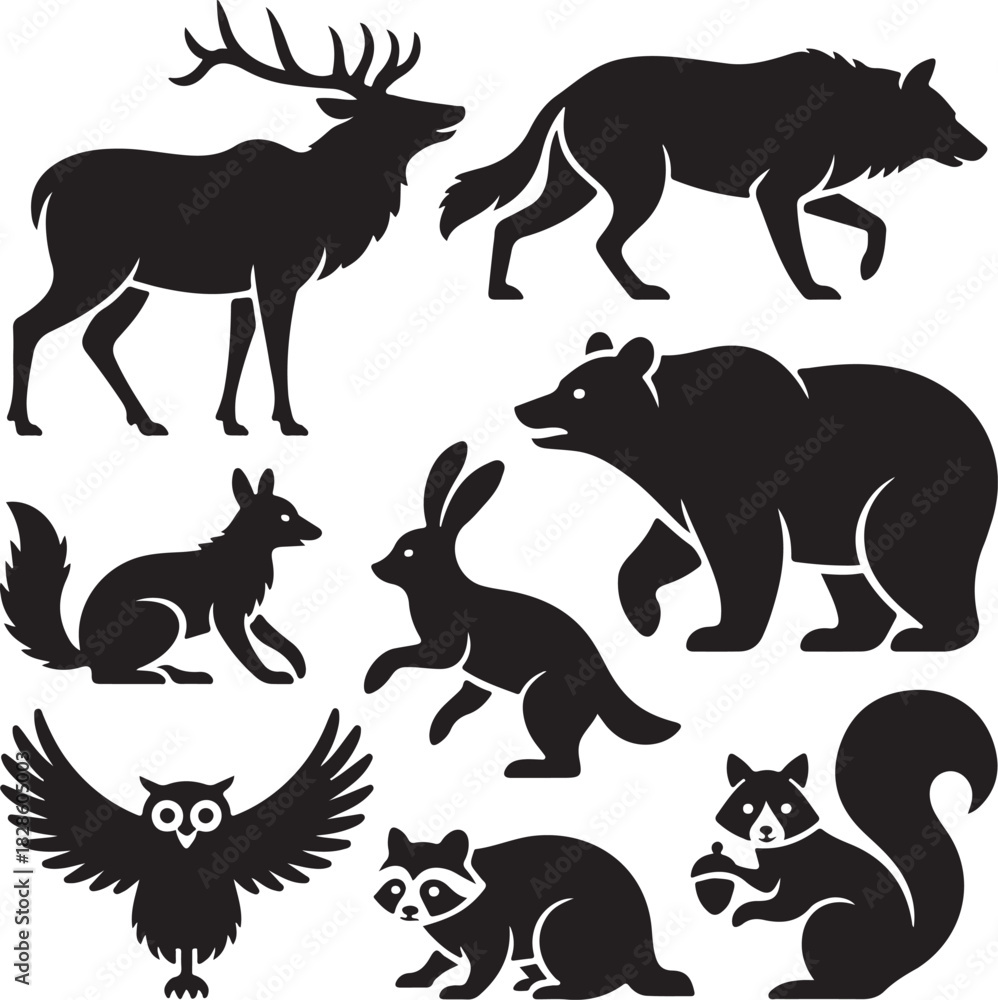 Obraz premium Silhouette of wild animals such as bear, deer, wolf, fox, owl and raccoon