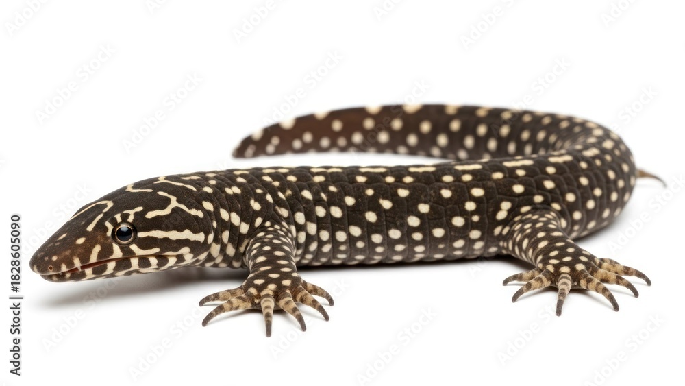 Naklejka premium A black and white spotted lizard, Varanus bengalensis, in front of a white background.
