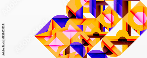 Abstract geometric composition. Orange, purple, pink shapes overlap creating dynamic visual effect. Modern design, clean lines, bright colors.