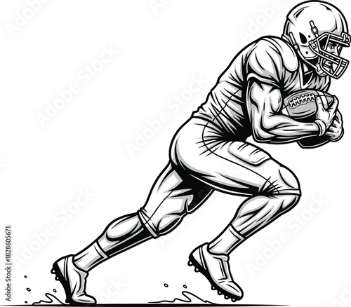 American football player running with ball tucked, black and white vector illustration of strong athlete sprinting, dynamic sports mascot design for team sports logo