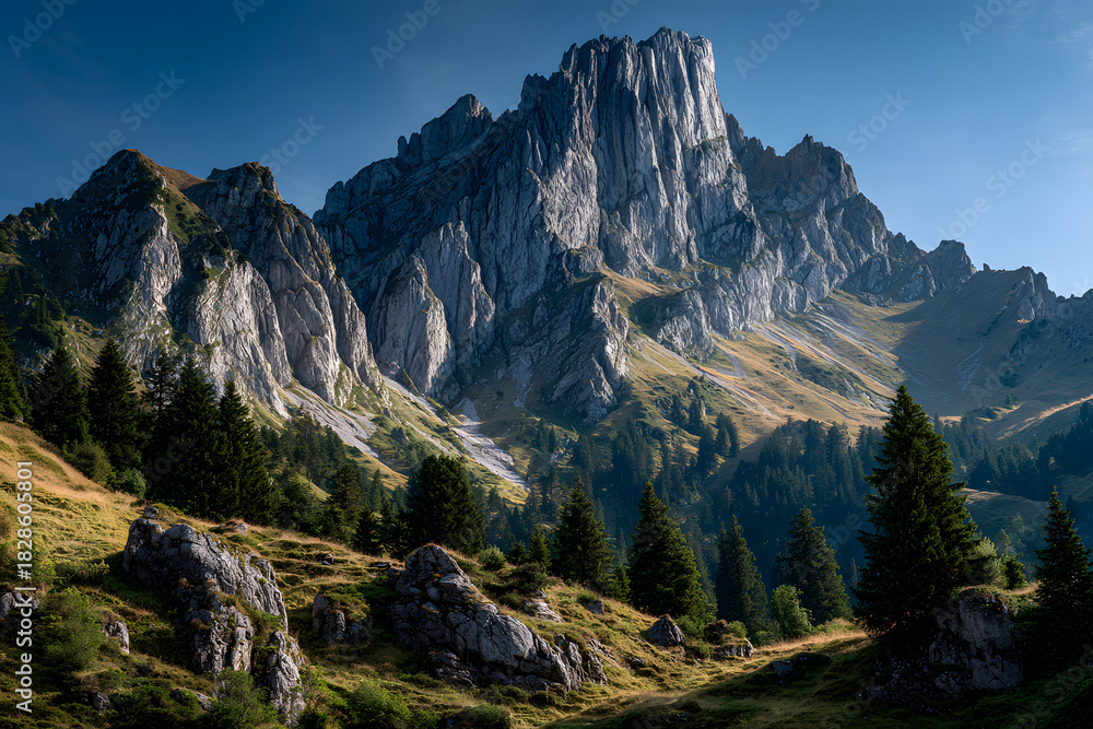 Fototapeta premium view to the alpenalp rocks in the alpstein mountains