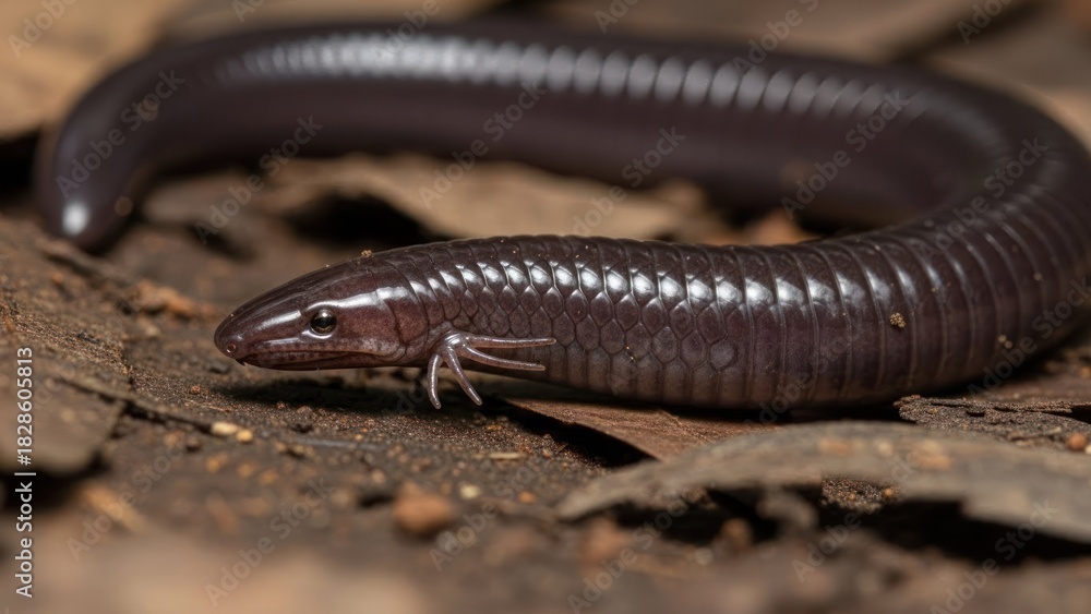Fototapeta premium A black snake with a smooth, elongated body and a segmented tail, resting on a wooden surface with a natural, earthy background.