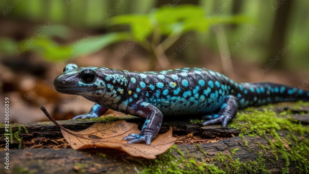 Fototapeta premium A colorful salamander with blue and black spots on a mossy log in a forest setting.
