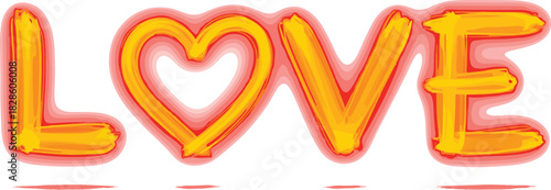 Artistic yellow and orange brush stroke love text illustration with heart shape and red glow for Valentine's Day card, wedding banner and romantic graphic design