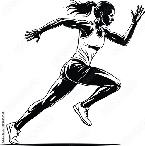 Athletic woman runner sprinting fast with ponytail, black and white vector illustration of female sportsperson, dynamic fitness mascot design isolated on white background
