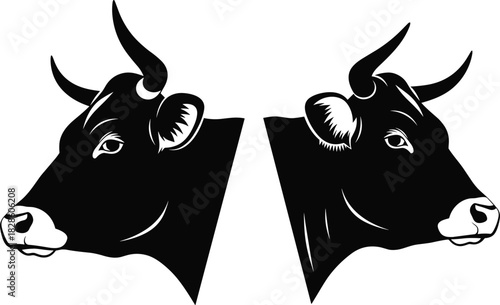 Black and white cow head vector illustration logo template, strong bull silhouette symbol for farm agriculture branding, beef meat icon isolated on white background