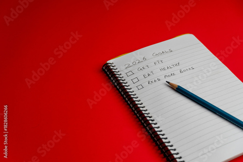 2026 goals list with push pins, an indoor plant and a sticky note on red background. Creative New Year planning and resolution, goals, action, checklist, expectations concept. New Year 2026 card 