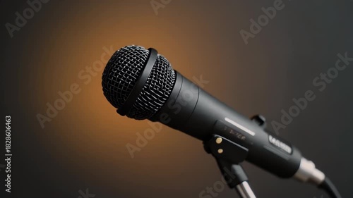 Professional black microphone on a stand against a dark background.