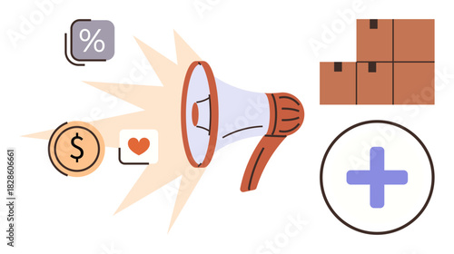 Megaphone projecting icons for percentage, dollar, heart, boxes, and a plus sign. Ideal for marketing, promotion, ecommerce growth engagement logistics sales. Clean simple flat metaphor