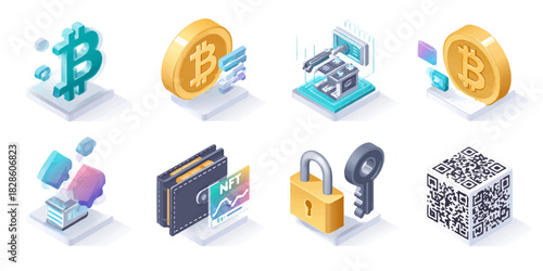 Isometric cryptocurrency icons representing digital finance security and blockchain technology concepts