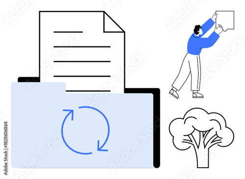 Document management concept. Digital file synchronization and organization by a folder and paper icon. s document security, efficiency, and eco-friendly initiatives. Useful for sustainability