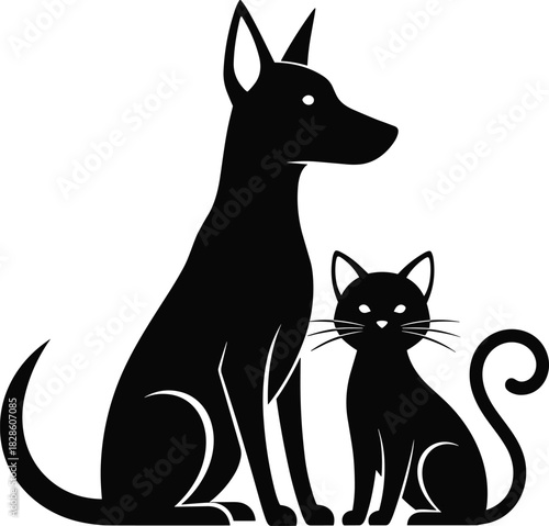Black silhouette of dog and cat sitting together on white background for pet shop logo or veterinary clinic vector illustration design symbol art icon