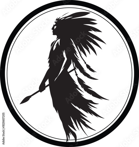 A silhouette of a Native American warrior in a circle.  The warrior is holding a spear and wearing a headdress.