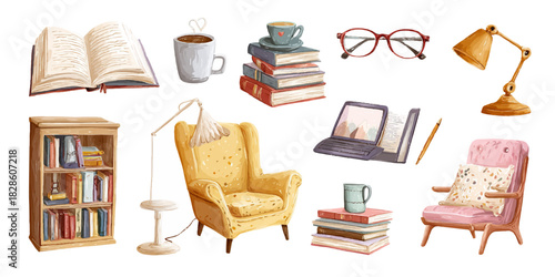 Cozy reading nook with armchair bookshelf lamp and books illustration
