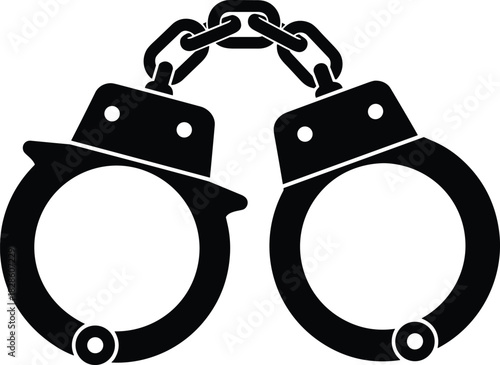 Black silhouette of police handcuffs with metal chain isolated on white background for crime justice and law enforcement vector illustration logo symbol design icon