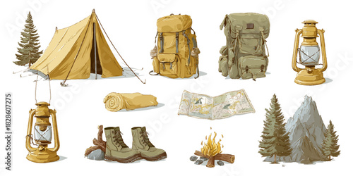 Collection of camping and hiking gear including tent backpack boots lantern map and campfire