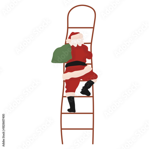 Santa Claus climbing a ladder with a green sack over his shoulder. Whimsical Christmas character in festive action pose.Perfect for holiday design and seasonal content