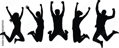 Silhouettes of five people jumping with raised arms, joyful movement, celebration gesture, dynamic posture, expressive motion illustration