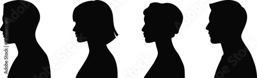 Silhouettes of four human head profiles, diverse hairstyles and face shapes, identity concept, anonymity, visual communication illustration