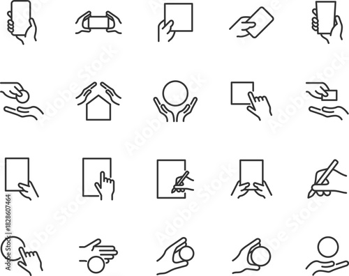 Vector set of hands hold object line icons. Pixel perfect.
