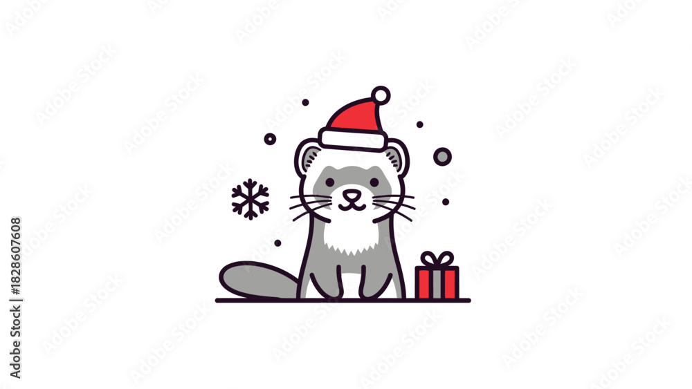 Obraz premium Festive Ferret Adorable Christmas Pet Illustration with Santa Hat and Holiday Gift