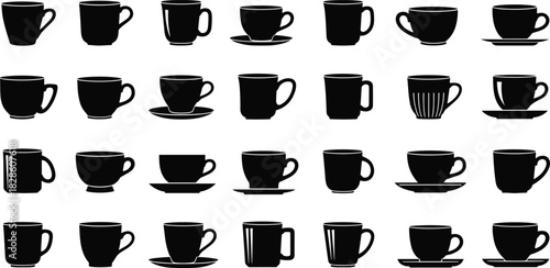 Black Silhouette Set of Various Coffee Cups, Mugs, and Teacups with Saucers for Cafe, Breakfast, and Drinkware Design.