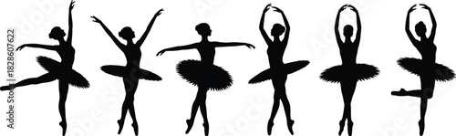 Silhouettes of six ballet dancers in classical poses, tutu costumes, graceful movement, dance gesture reference, artistic illustration