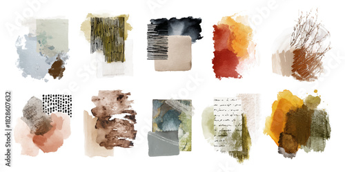 Collection of abstract watercolor and ink brush strokes in earthy and muted tones