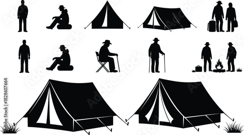 Camping silhouette set, outdoor adventure vector collection, hiking people illustration, tourist with backpack, tent and campfire graphics, nature travel elements, isolated black design bundle