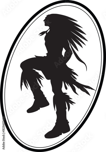 This image depicts a silhouette of a native American warrior in a dancing pose, captured within a double-lined oval frame.