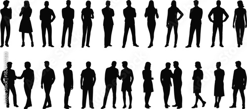 Silhouettes of twenty people in various poses and interactions, standing, body language, social behavior, gesture reference, illustration