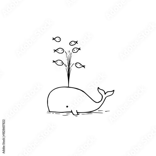 Whale spouting water with fish above on a white background in a simple line drawing style art