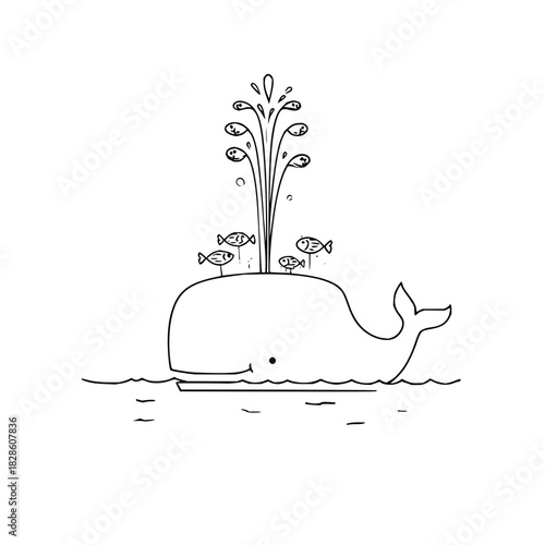 Cartoon whale spouting water with small fish on its back in a simple black and white drawing style