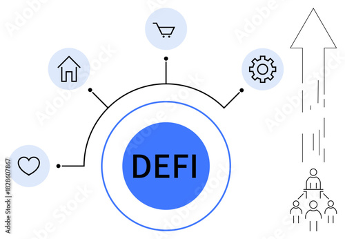 DeFi hub links heart, home, shopping, settings. Line chart with upward arrow and people emphasizes progress. Ideal for finance, innovation, investment, technology blockchain networking simple flat