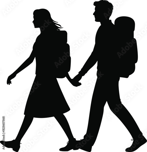 Silhouettes of two people walking hand in hand with backpacks, travel companions, adventure gesture, outdoor movement illustration