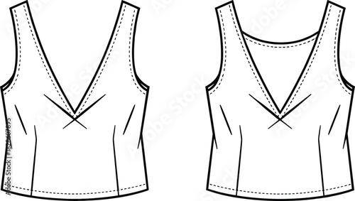 Sleeveless top technical sketch, V-neckline, bust darts, princess seams, front and back views, fashion flat, garment drawing, apparel illustration