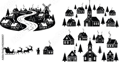 Christmas village silhouette, winter landscape vector, santa sleigh reindeer, church and houses, rural town scene, snowy night illustration, black graphic elements, holiday design set