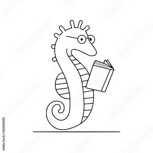Seahorse with glasses reading a book in black and white line art on a white background illustration