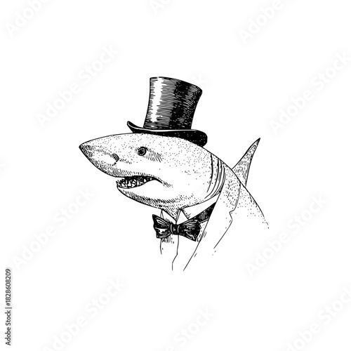 Illustration of a shark wearing a top hat and bow tie in black and white sketch style image format